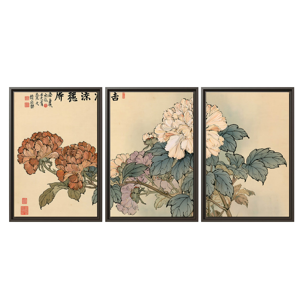 Pale pink peonies and green leaves on a warm beige background with decorative script 3 piece framed canvas wall art viewed straight on