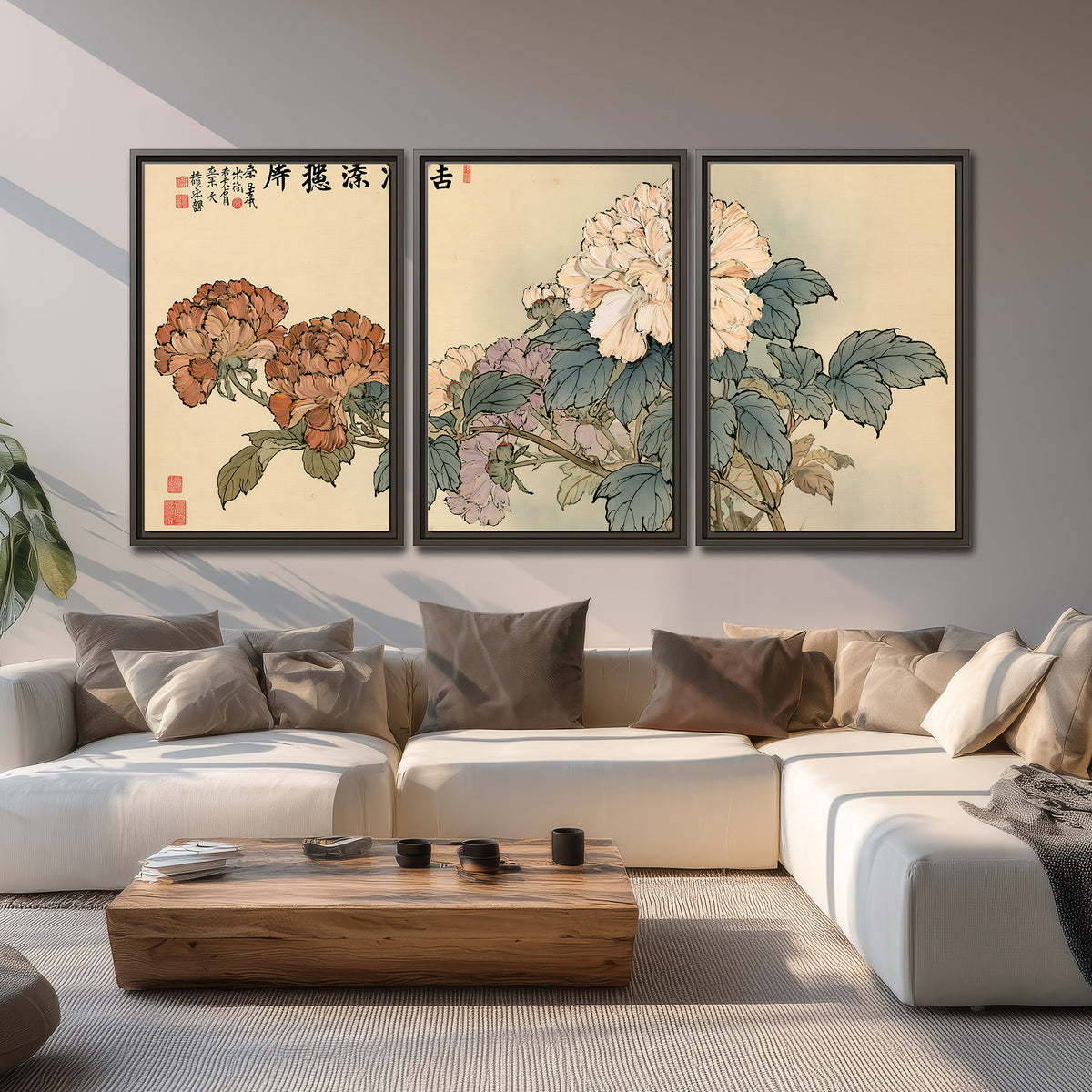 Pale pink peonies and green leaves on a warm beige background with decorative script 3 piece framed canvas wall art displayed in a living room