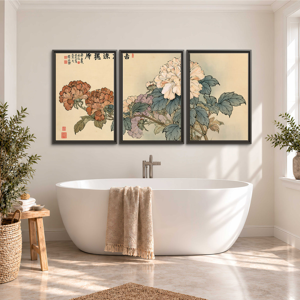 Pale pink peonies and green leaves on a warm beige background with decorative script 3 piece framed canvas wall art styled in an interior