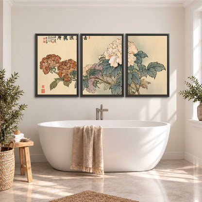 Pale pink peonies and green leaves on a warm beige background with decorative script 3 piece framed canvas wall art styled in an interior