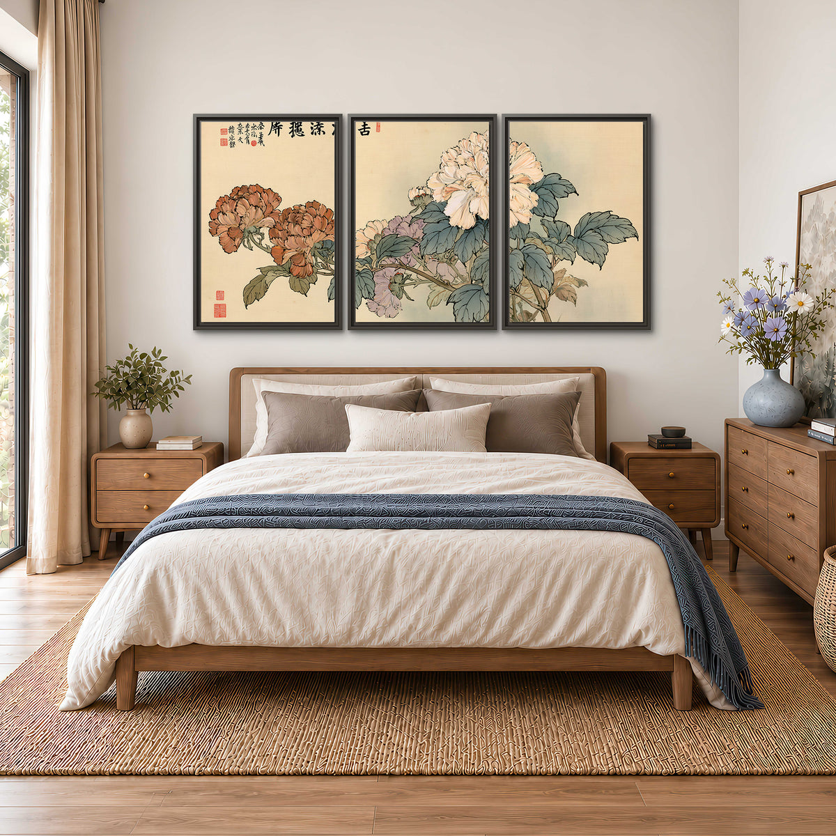 Pale pink peonies and green leaves on a warm beige background with decorative script 3 piece framed canvas wall art styled in an interior
