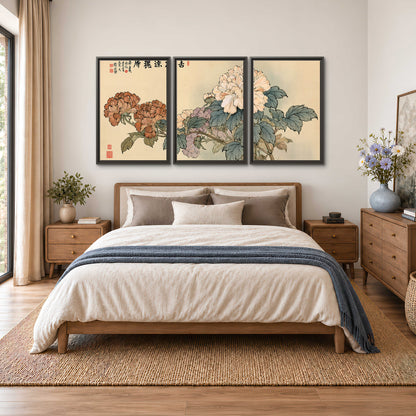 Pale pink peonies and green leaves on a warm beige background with decorative script 3 piece framed canvas wall art styled in an interior