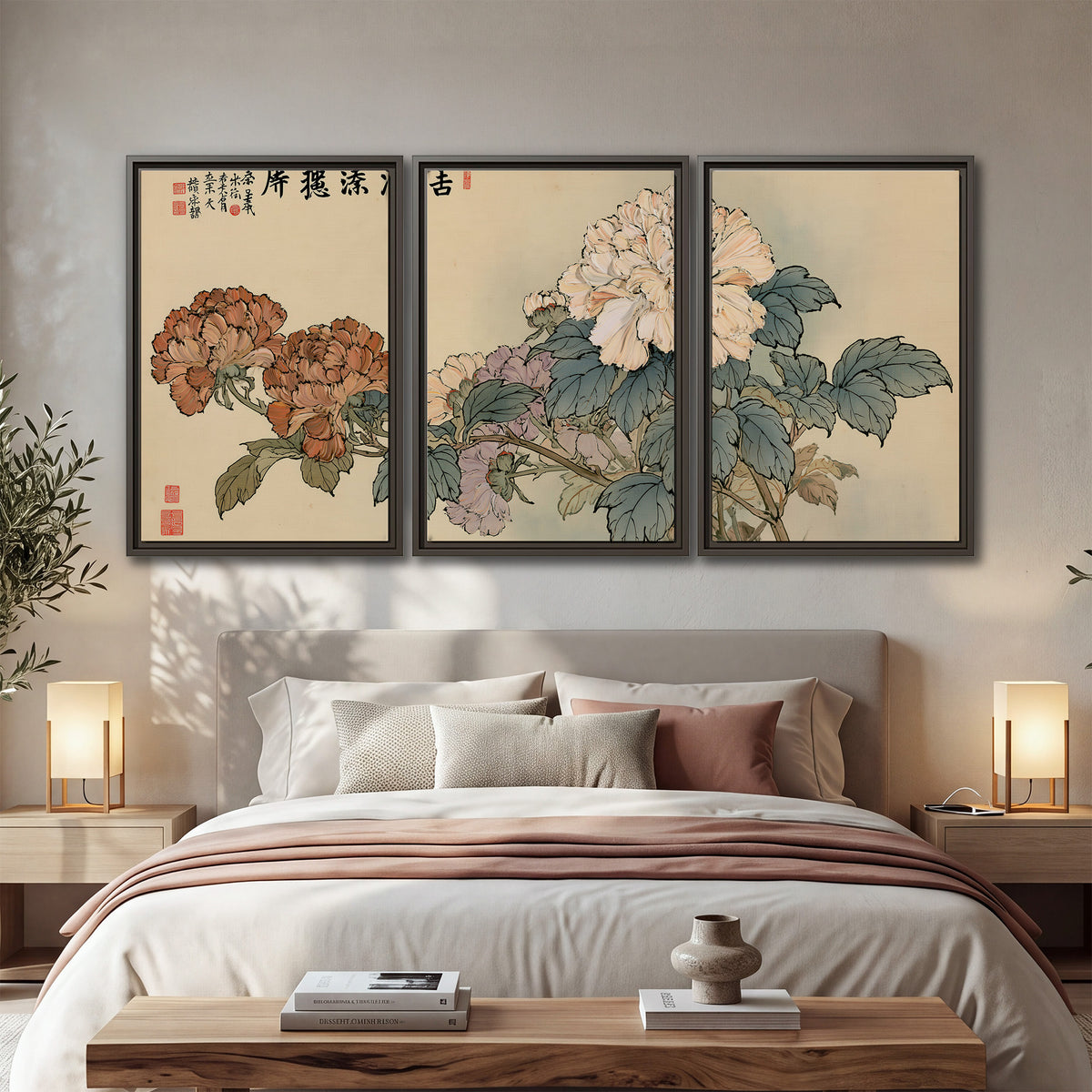 Pale pink peonies and green leaves on a warm beige background with decorative script 3 piece framed canvas wall art displayed in a bedroom