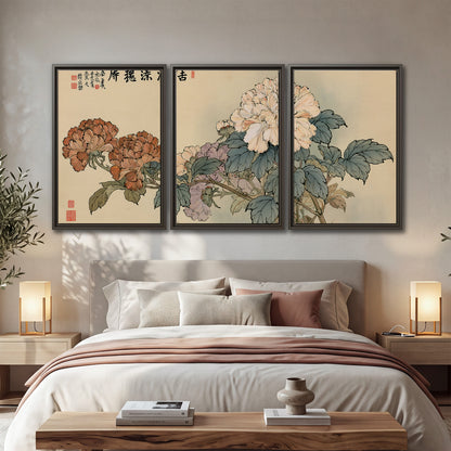 Pale pink peonies and green leaves on a warm beige background with decorative script 3 piece framed canvas wall art displayed in a bedroom