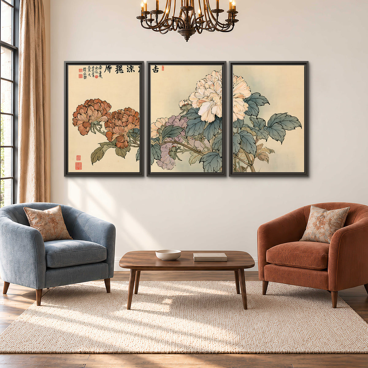 Pale pink peonies and green leaves on a warm beige background with decorative script 3 piece framed canvas wall art styled in an interior