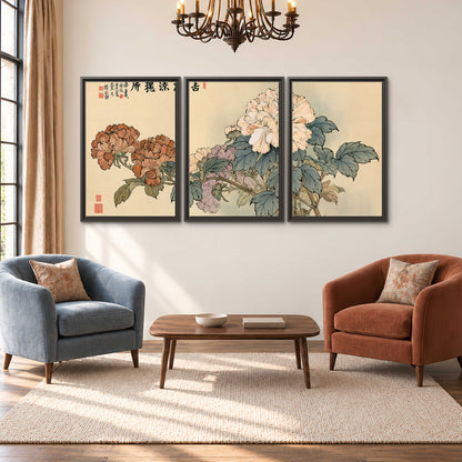 Pale pink peonies and green leaves on a warm beige background with decorative script 3 piece framed canvas wall art styled in an interior