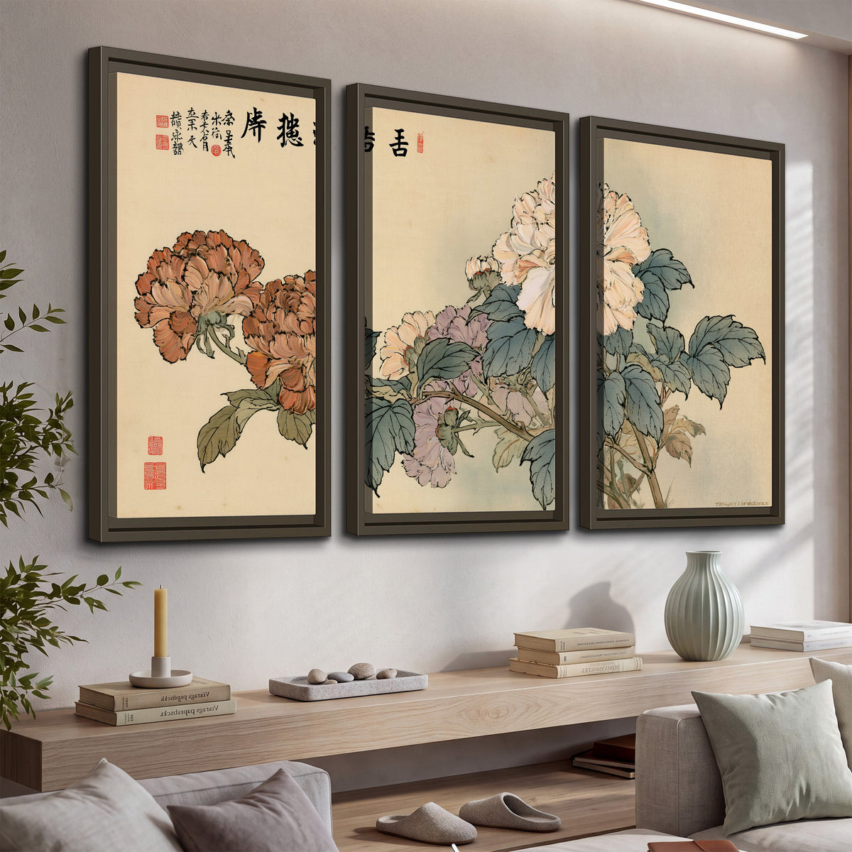 Pale pink peonies and green leaves on a warm beige background with decorative script 3 piece framed canvas wall art displayed in a console