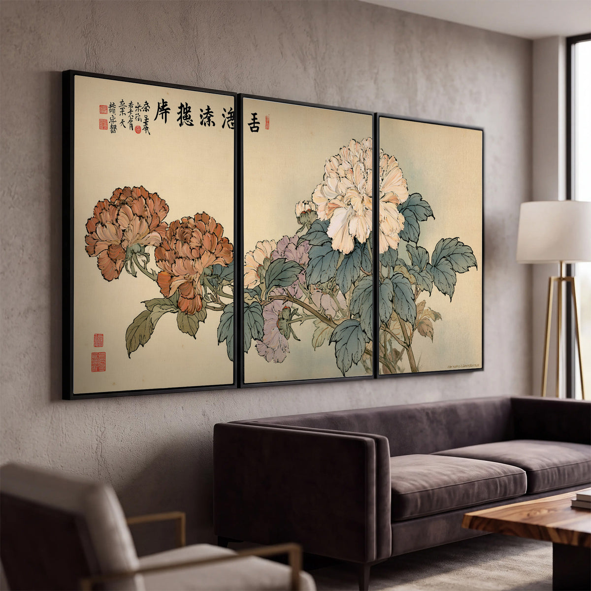 Pale pink peonies and green leaves on a warm beige background with decorative script 3 piece framed canvas wall art displayed in a modern living room