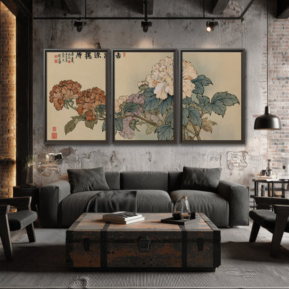 Pale pink peonies and green leaves on a warm beige background with decorative script 3 piece framed canvas wall art displayed in a industrial room