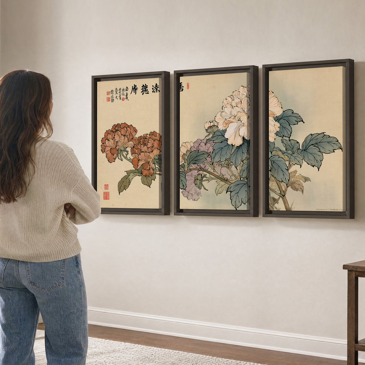 Pale pink peonies and green leaves on a warm beige background with decorative script 3 piece framed canvas wall art three panel arrangement on a wall