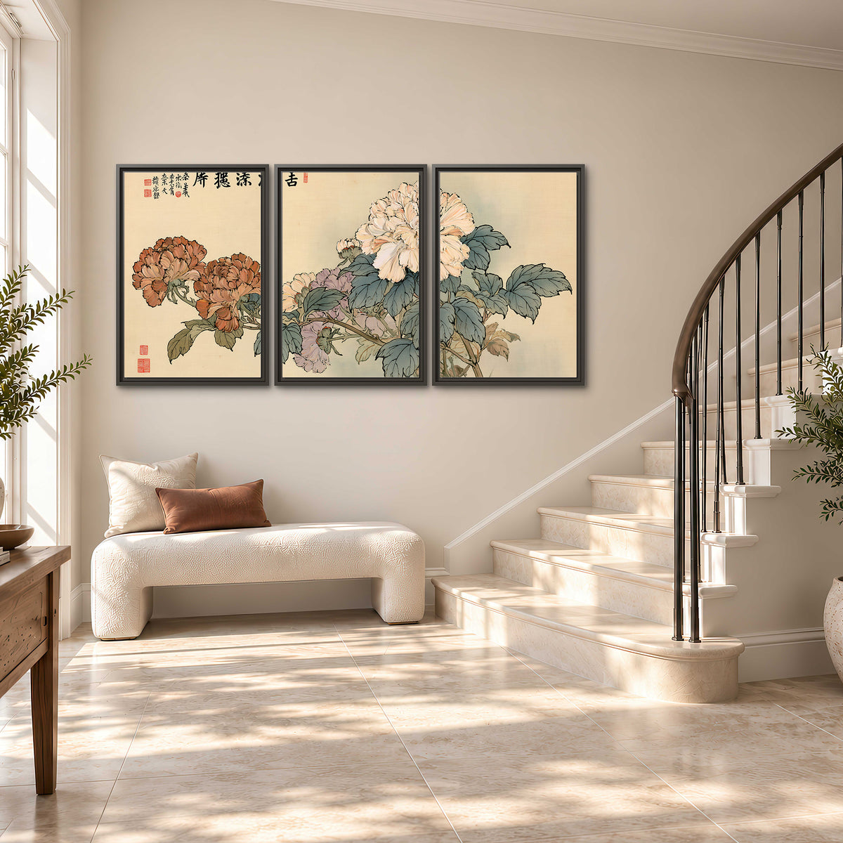 Pale pink peonies and green leaves on a warm beige background with decorative script 3 piece framed canvas wall art styled in an interior