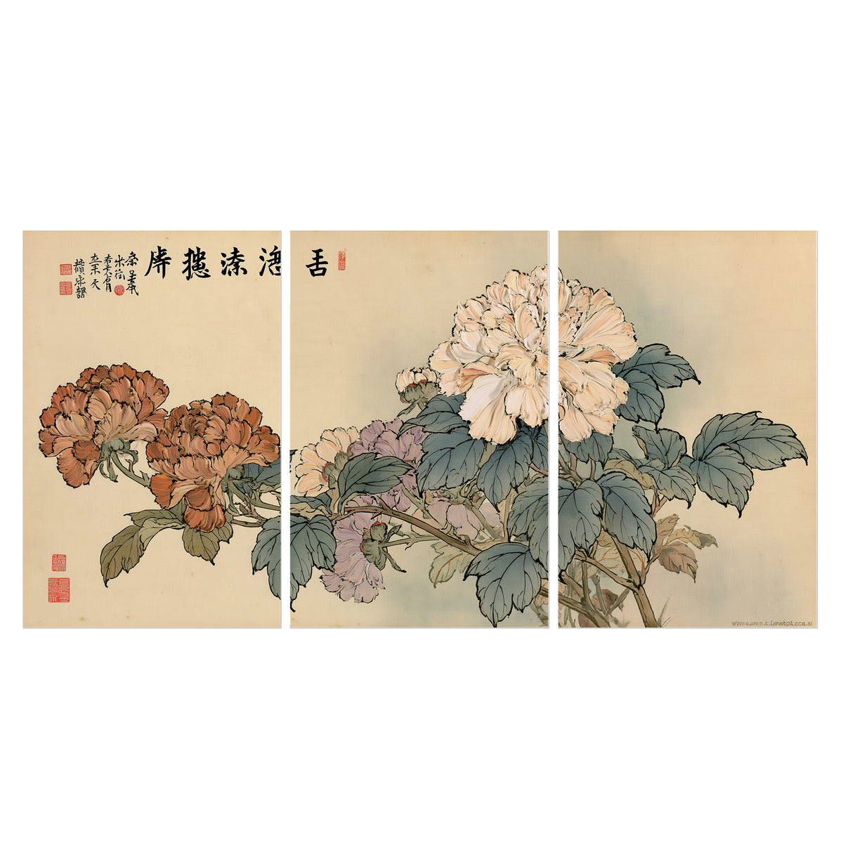 Pale pink peonies and green leaves on a warm beige background with decorative script set of 3 poster prints viewed straight on
