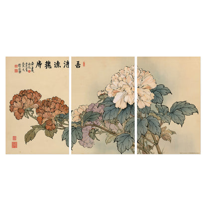 Pale pink peonies and green leaves on a warm beige background with decorative script set of 3 poster prints viewed straight on