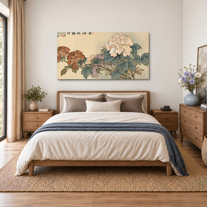 Pale pink peonies and green leaves on a warm beige background with decorative script single canvas wall art styled in an interior