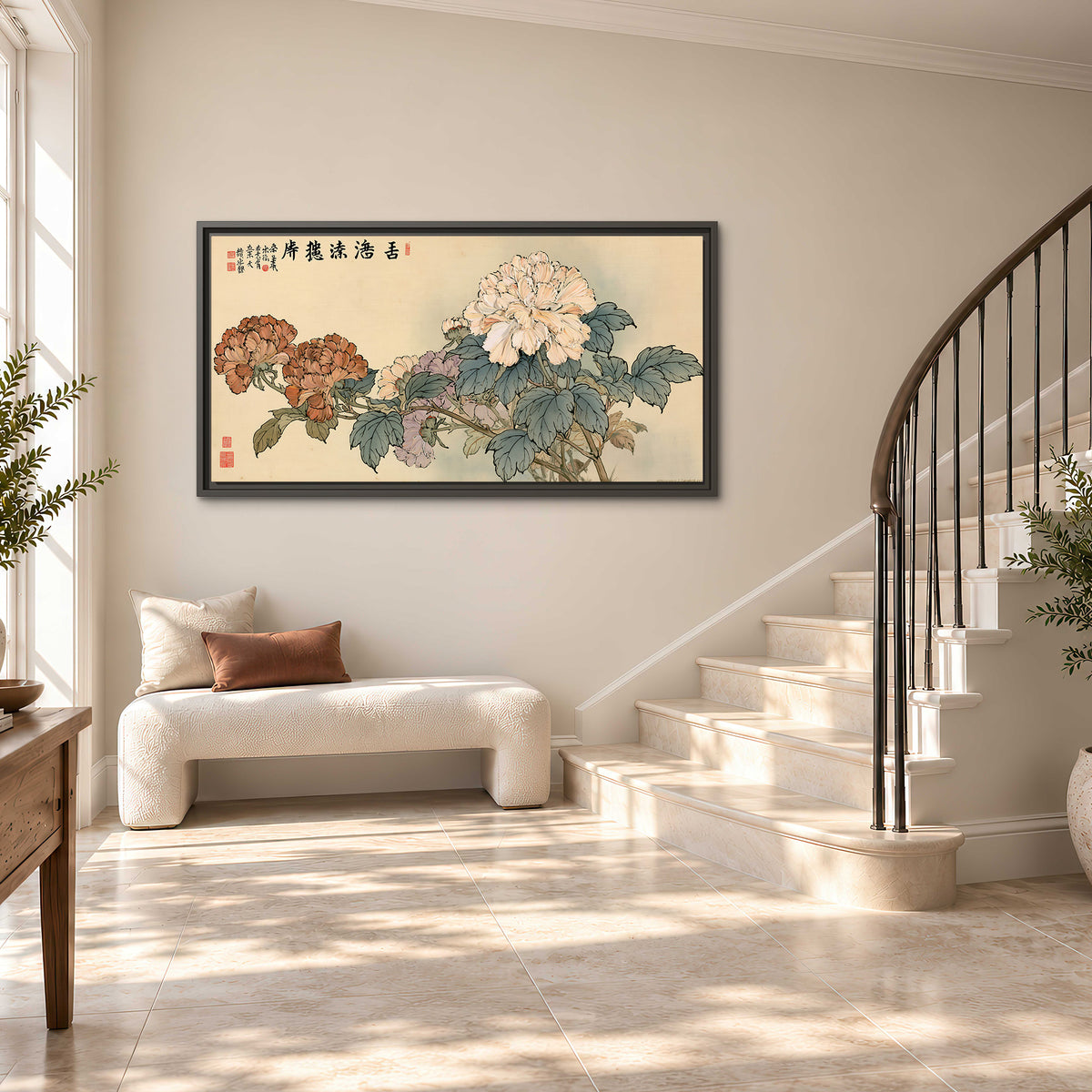 Pale pink peonies and green leaves on a warm beige background with decorative script single framed canvas wall art styled in an interior