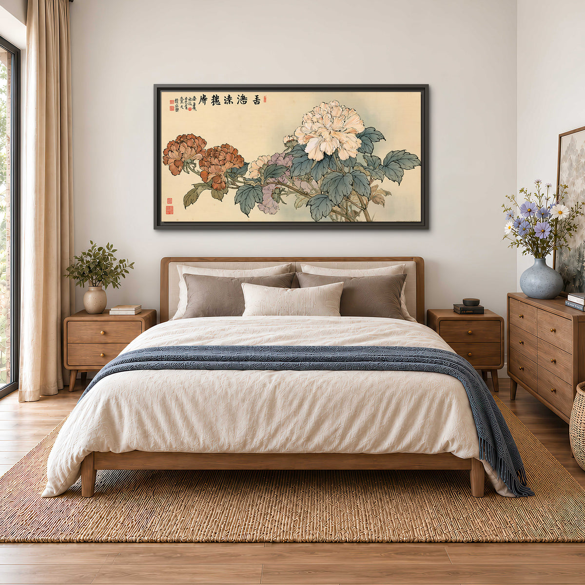Pale pink peonies and green leaves on a warm beige background with decorative script single framed canvas wall art styled in an interior
