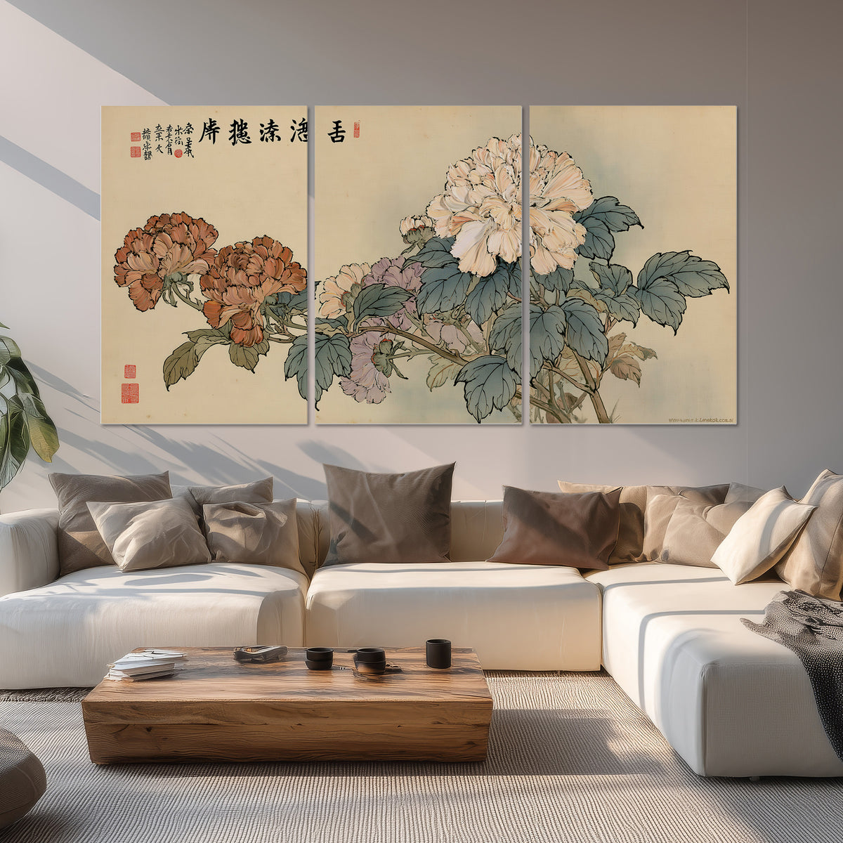 Pale pink peonies and green leaves on a warm beige background with decorative script set of 3 poster prints displayed in a living room