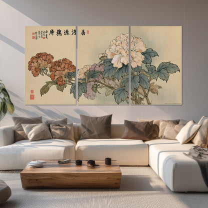 Pale pink peonies and green leaves on a warm beige background with decorative script set of 3 poster prints displayed in a living room