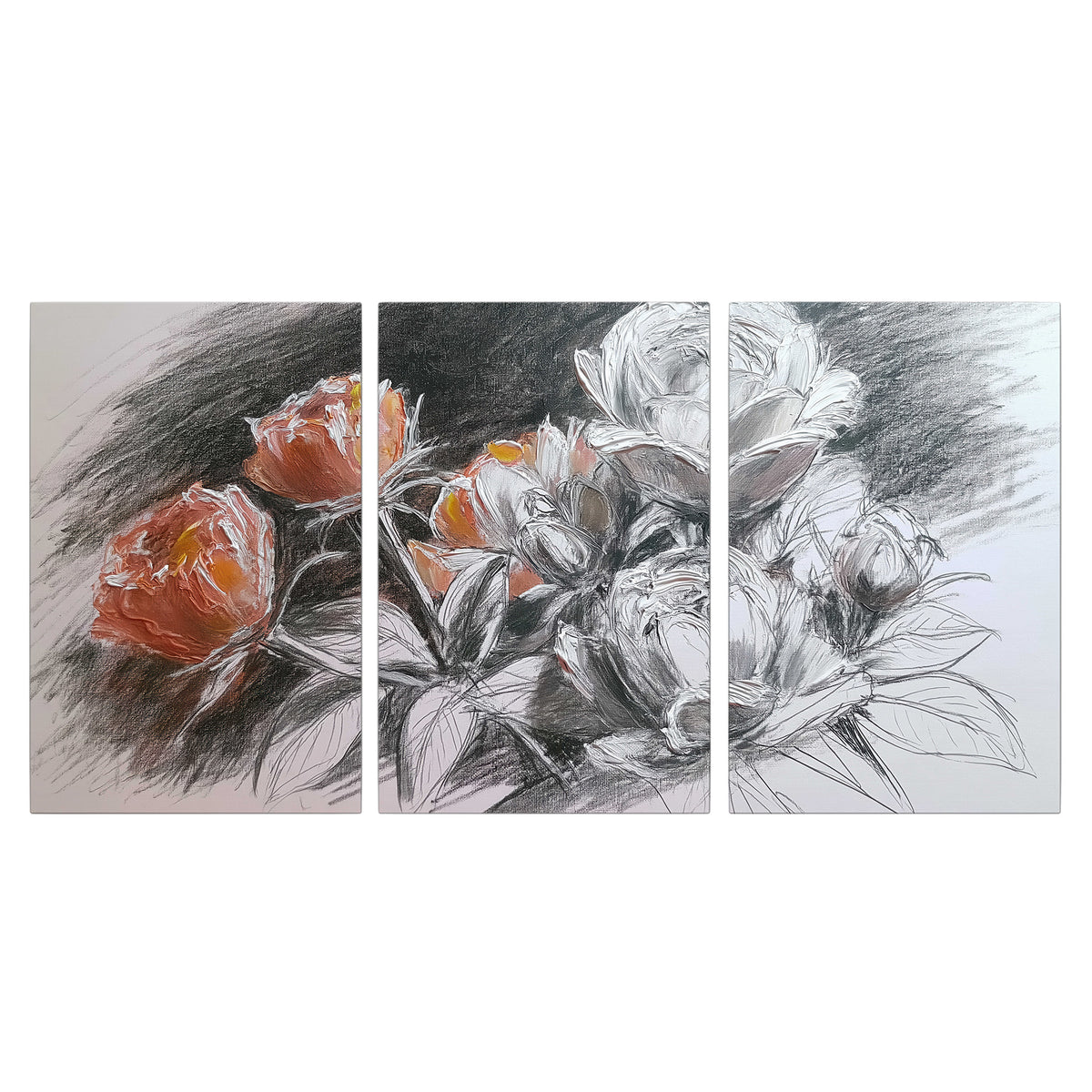 Expressive charcoal-style roses with muted rust petals against a textured-look gray background 3 piece canvas wall art viewed straight on