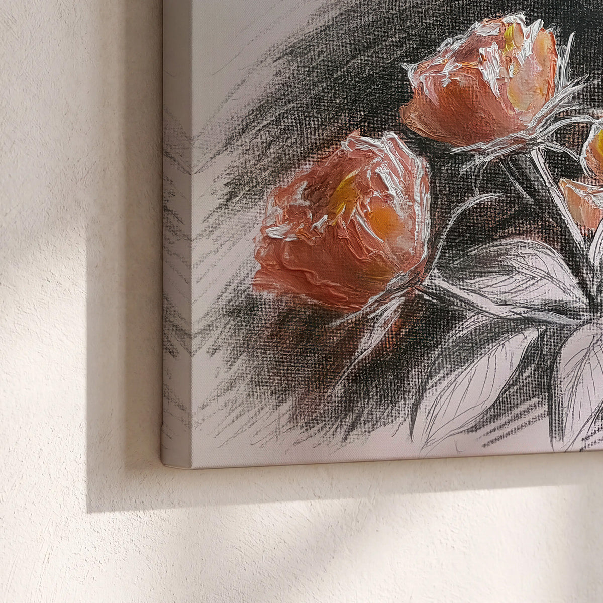 Expressive charcoal-style roses with muted rust petals against a textured-look gray background 3 piece canvas wall art material and edge close up