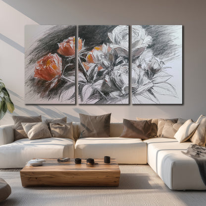Expressive charcoal-style roses with muted rust petals against a textured-look gray background 3 piece canvas wall art displayed in a living room