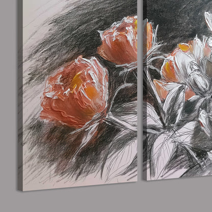 Expressive charcoal-style roses with muted rust petals against a textured-look gray background 3 piece canvas wall art room and product view