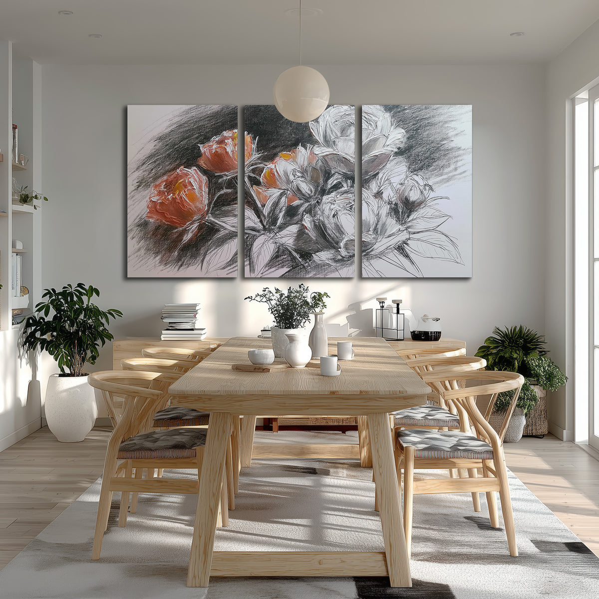 Expressive charcoal-style roses with muted rust petals against a textured-look gray background 3 piece canvas wall art room and product view