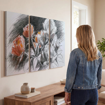 Expressive charcoal-style roses with muted rust petals against a textured-look gray background 3 piece canvas wall art three panel arrangement on a wall