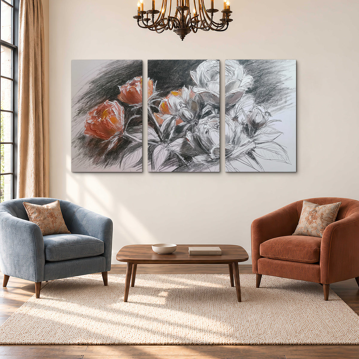 Expressive charcoal-style roses with muted rust petals against a textured-look gray background 3 piece canvas wall art styled in an interior