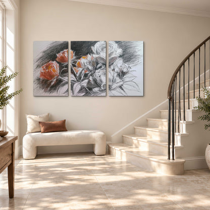 Expressive charcoal-style roses with muted rust petals against a textured-look gray background 3 piece canvas wall art styled in an interior