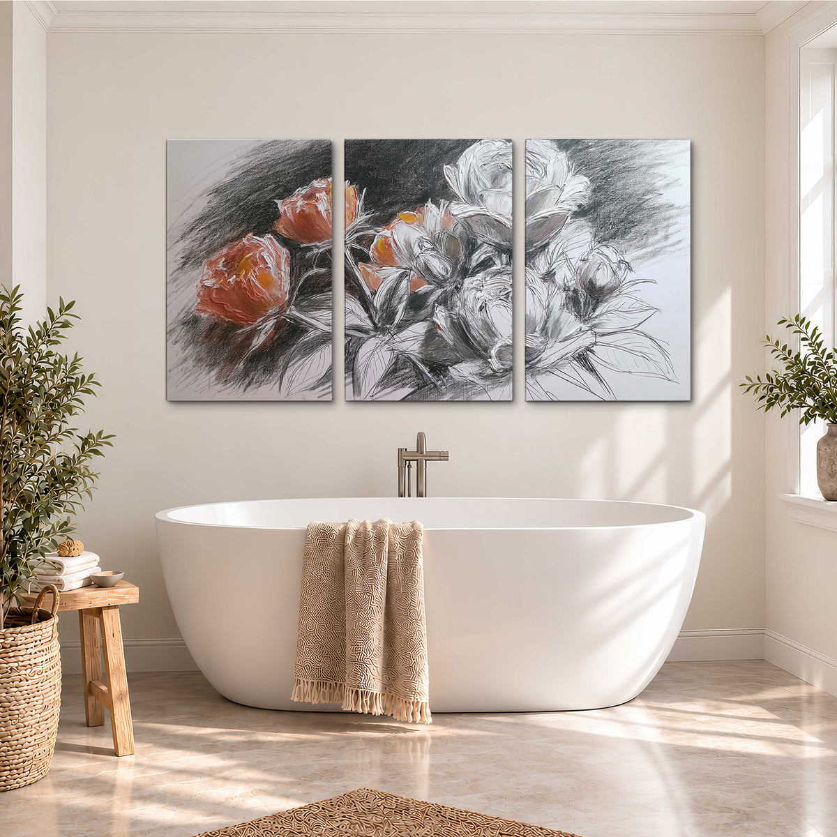 Expressive charcoal-style roses with muted rust petals against a textured-look gray background 3 piece canvas wall art styled in an interior