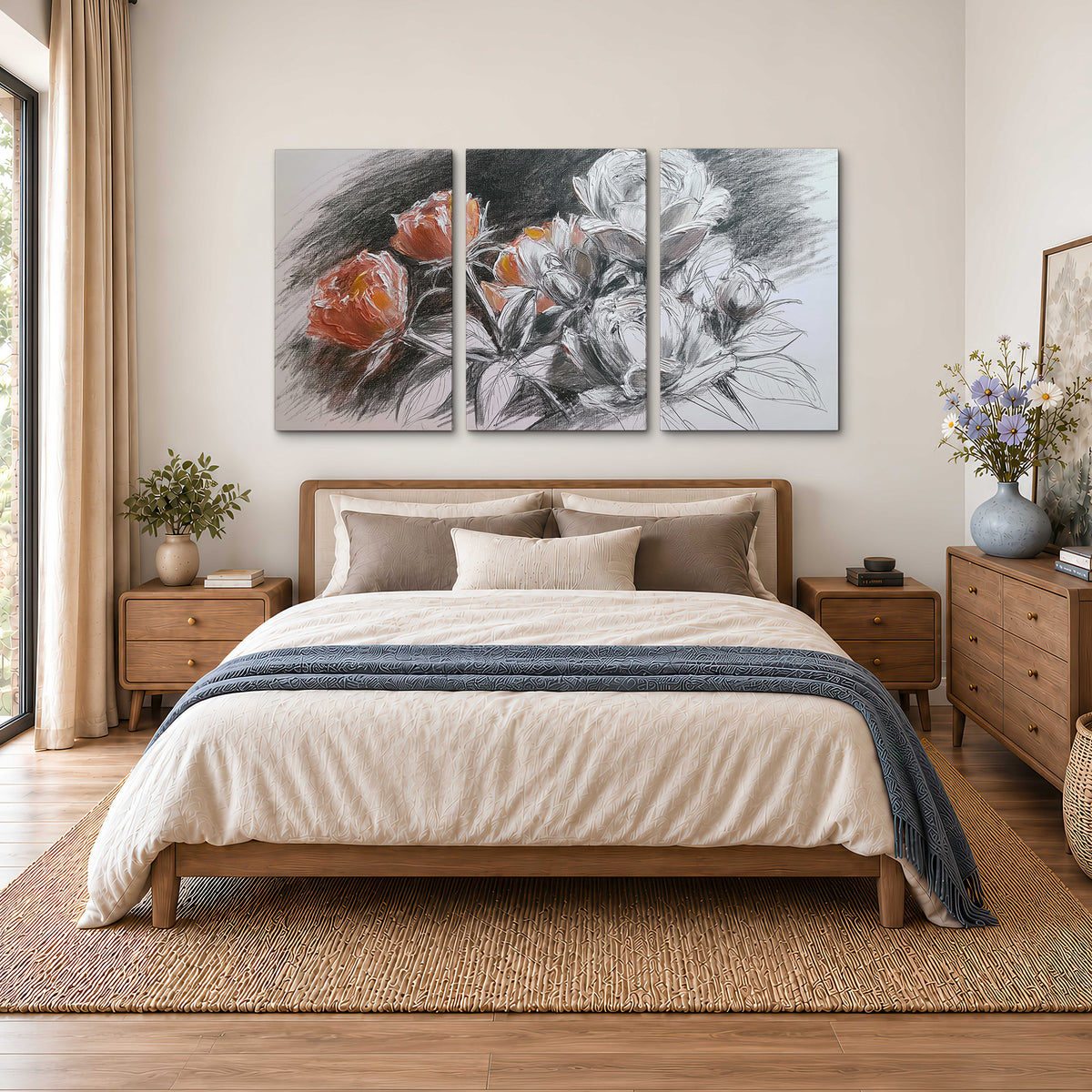 Expressive charcoal-style roses with muted rust petals against a textured-look gray background 3 piece canvas wall art styled in an interior
