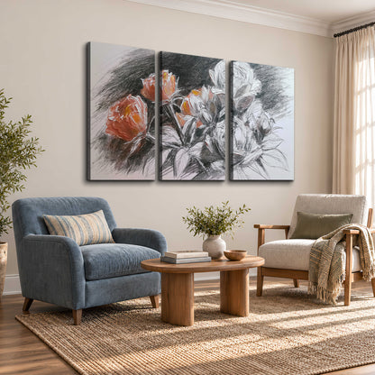 Expressive charcoal-style roses with muted rust petals against a textured-look gray background 3 piece canvas wall art styled in an interior