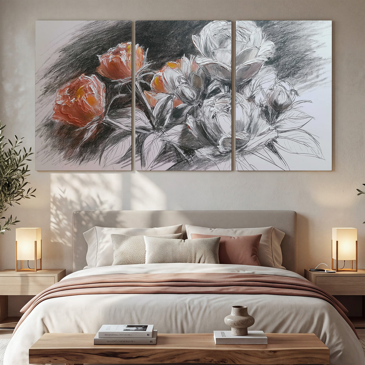 Expressive charcoal-style roses with muted rust petals against a textured-look gray background 3 piece canvas wall art displayed in a bedroom