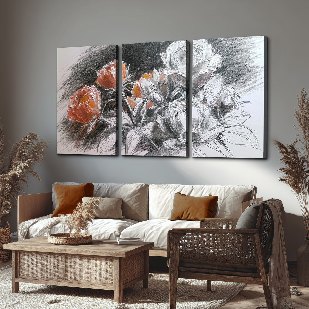 Expressive charcoal-style roses with muted rust petals against a textured-look gray background 3 piece canvas wall art displayed in a rustic living room