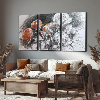Expressive charcoal-style roses with muted rust petals against a textured-look gray background 3 piece canvas wall art displayed in a rustic living room