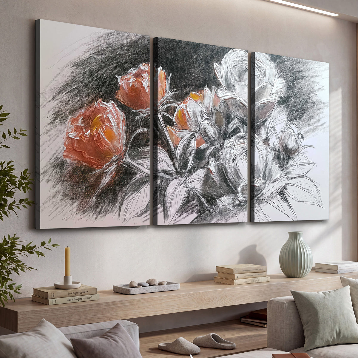 Expressive charcoal-style roses with muted rust petals against a textured-look gray background 3 piece canvas wall art displayed in a console