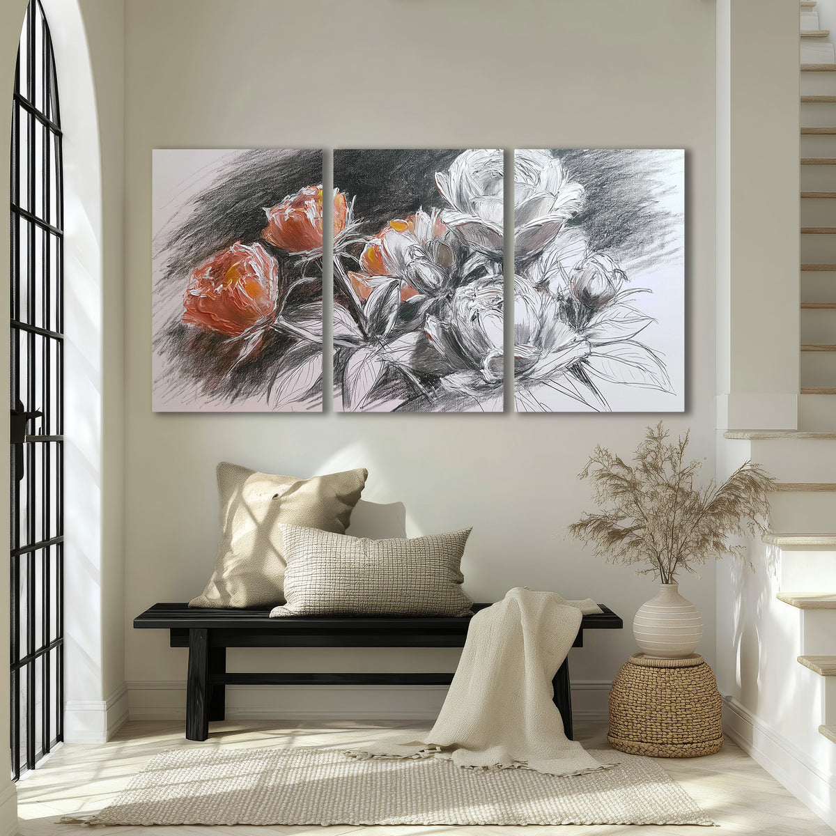 Expressive charcoal-style roses with muted rust petals against a textured-look gray background 3 piece canvas wall art displayed in a entryway
