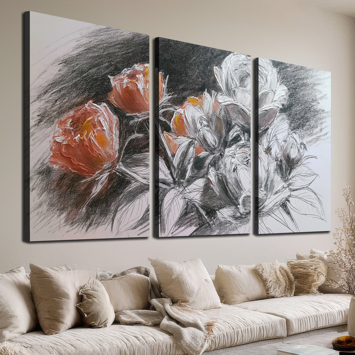 Expressive charcoal-style roses with muted rust petals against a textured-look gray background 3 piece canvas wall art room and product view