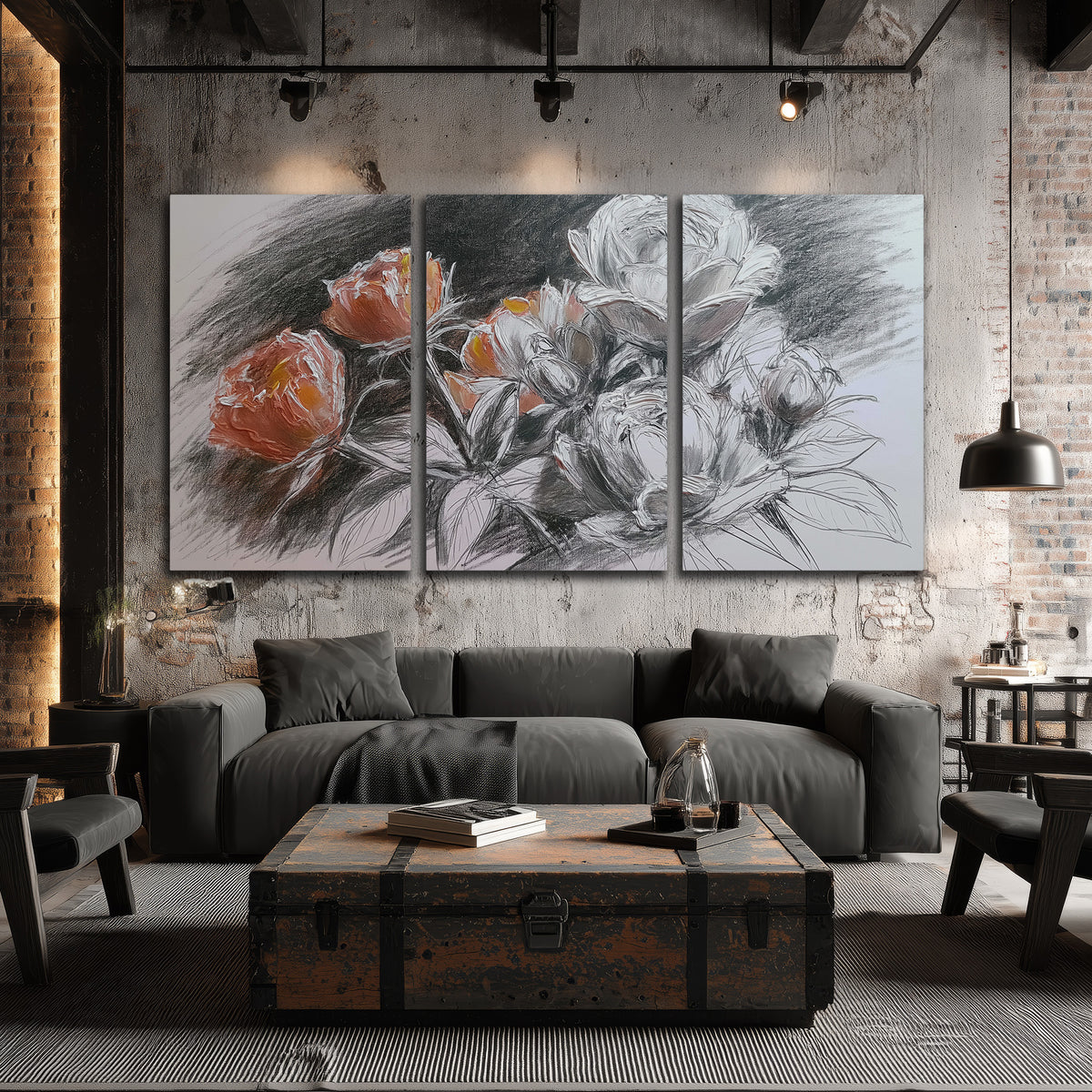 Expressive charcoal-style roses with muted rust petals against a textured-look gray background 3 piece canvas wall art displayed in a industrial room