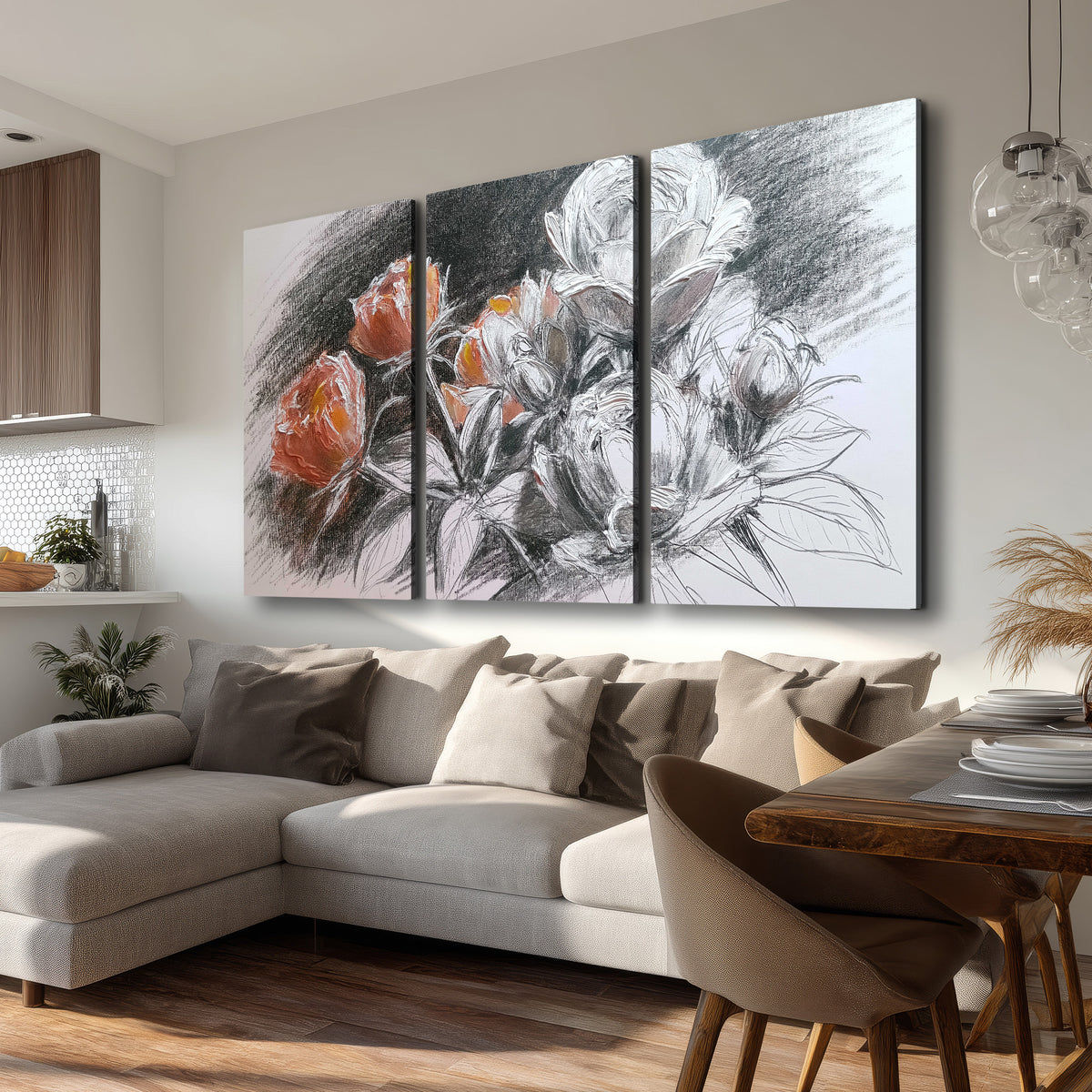 Expressive charcoal-style roses with muted rust petals against a textured-look gray background 3 piece canvas wall art room and product view