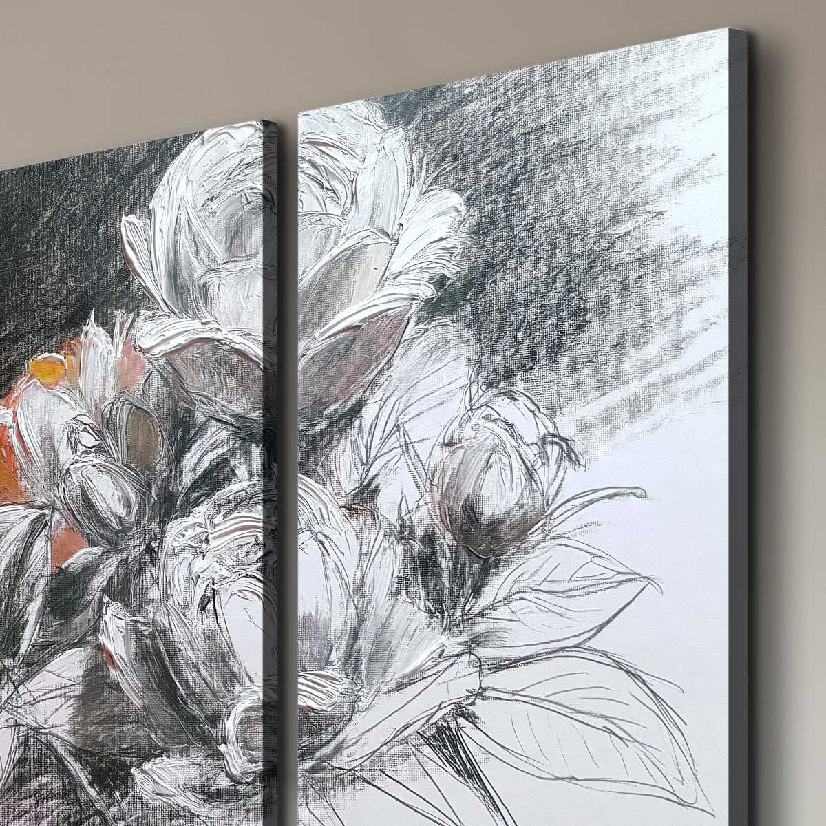 Expressive charcoal-style roses with muted rust petals against a textured-look gray background 3 piece canvas wall art room and product view