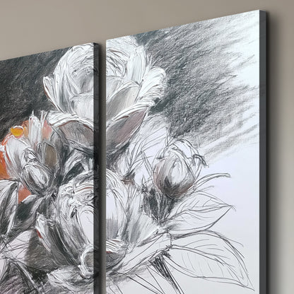 Expressive charcoal-style roses with muted rust petals against a textured-look gray background 3 piece canvas wall art room and product view