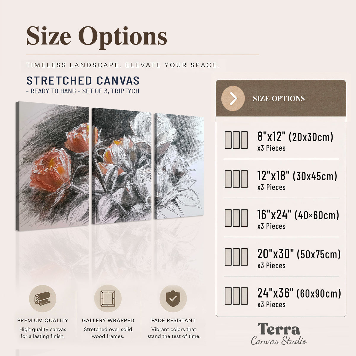 Expressive charcoal-style roses with muted rust petals against a textured-look gray background 3 piece canvas wall art available dimensions; triptych dimensions are per panel