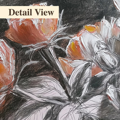 Expressive charcoal-style roses with muted rust petals against a textured-look gray background 3 piece canvas wall art artwork detail close up