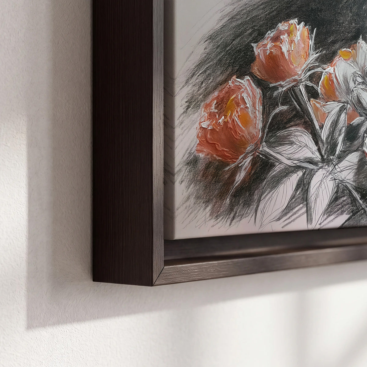 Expressive charcoal-style roses with muted rust petals against a textured-look gray background 3 piece framed canvas wall art material and edge close up