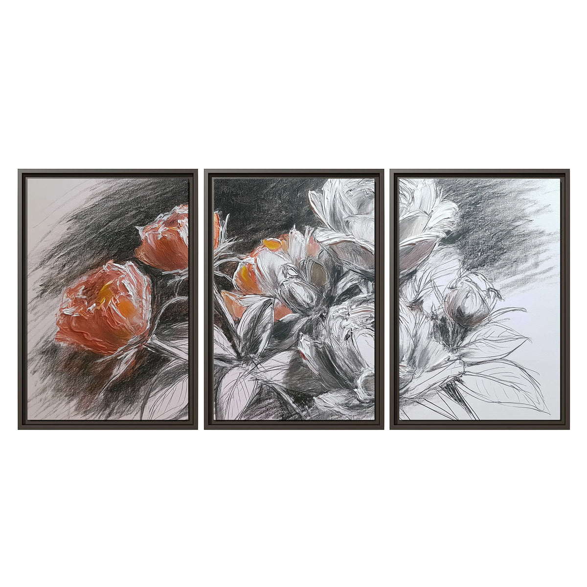 Expressive charcoal-style roses with muted rust petals against a textured-look gray background 3 piece framed canvas wall art viewed straight on