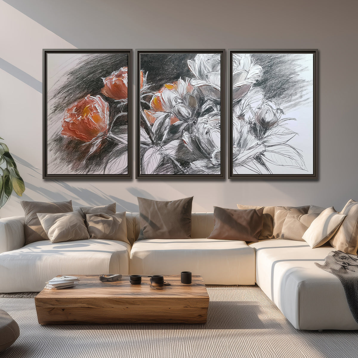 Expressive charcoal-style roses with muted rust petals against a textured-look gray background 3 piece framed canvas wall art displayed in a living room