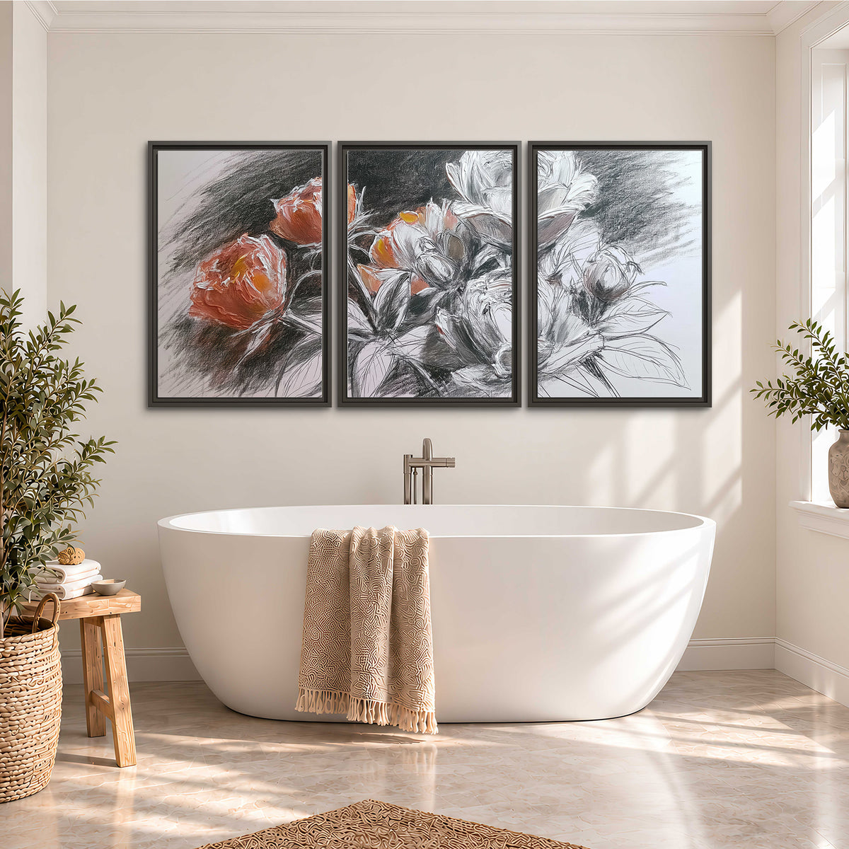 Expressive charcoal-style roses with muted rust petals against a textured-look gray background 3 piece framed canvas wall art styled in an interior