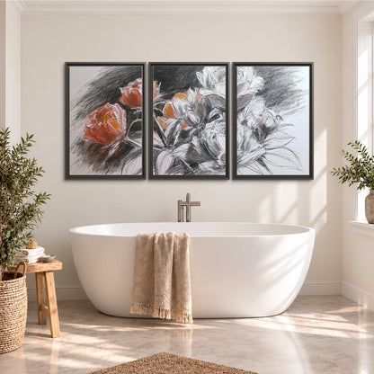 Expressive charcoal-style roses with muted rust petals against a textured-look gray background 3 piece framed canvas wall art styled in an interior
